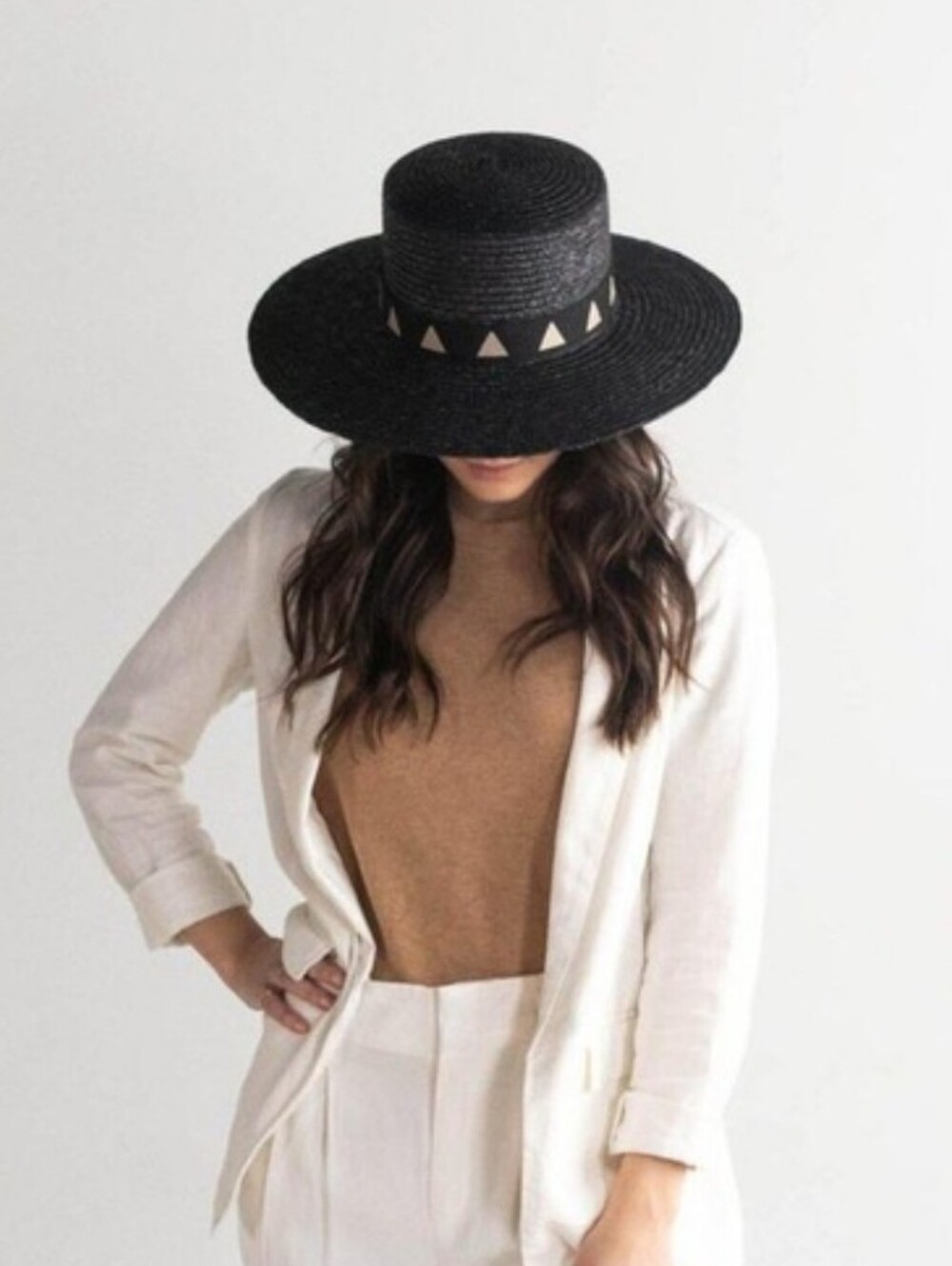 Black Straw Wide-Brim Hat with Triangle Band